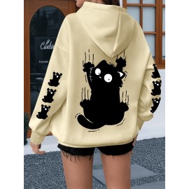 Women'S Plus Size Cat Drawing Print Hoodie, Casual Drawstring Hooded Long Sleeve Kangaroo Pocket Sweatshirt, Women'S Plus Size Clothing