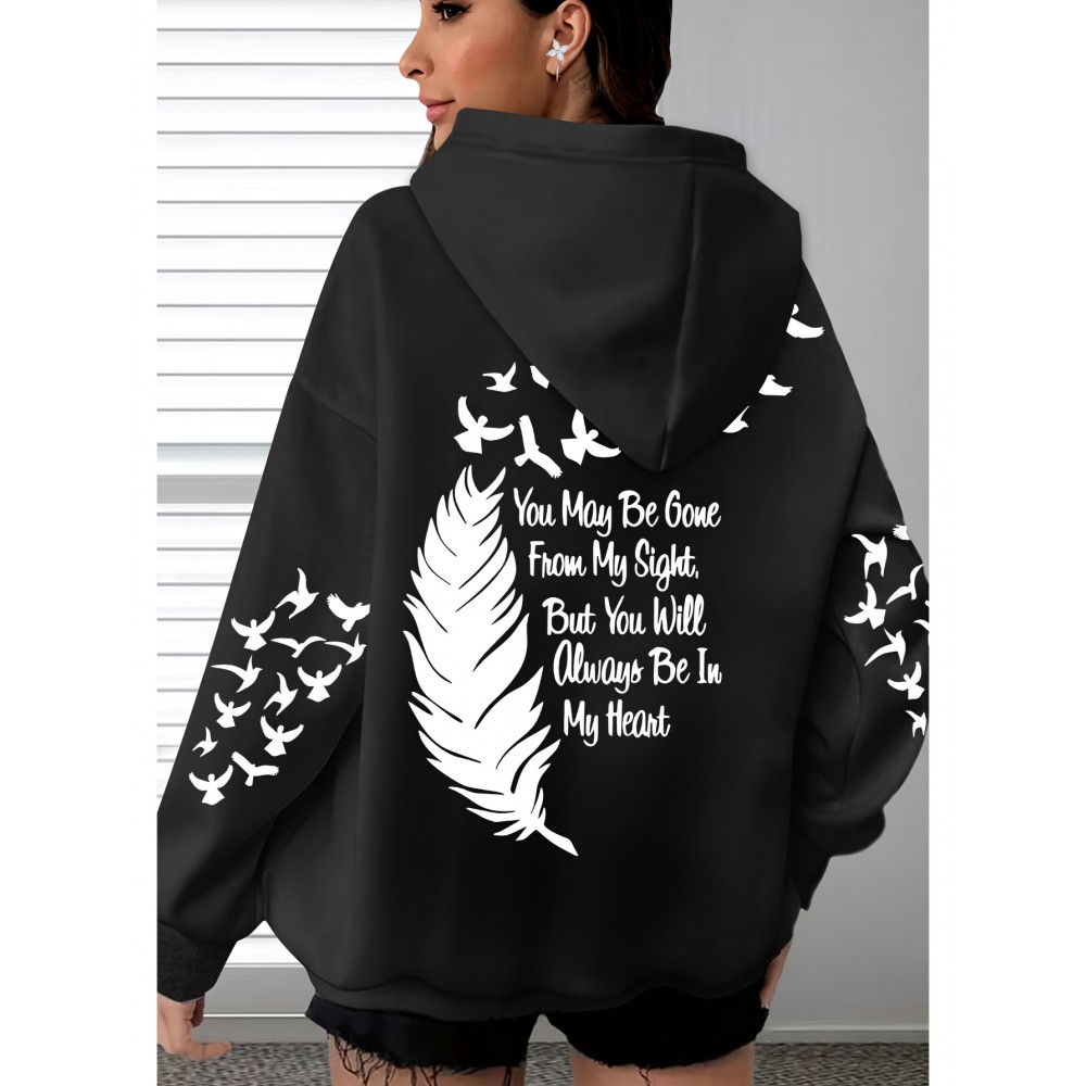 Women's Plus Size Soft Casual Hooded Sweatshirt with Artistic Back Print - Black & White & Bird Design, Kangaroo Pocket, Relaxed Fit, Machine Washable, All-Season Comfort, Ladies Sweatshirts, Decorative Text Design