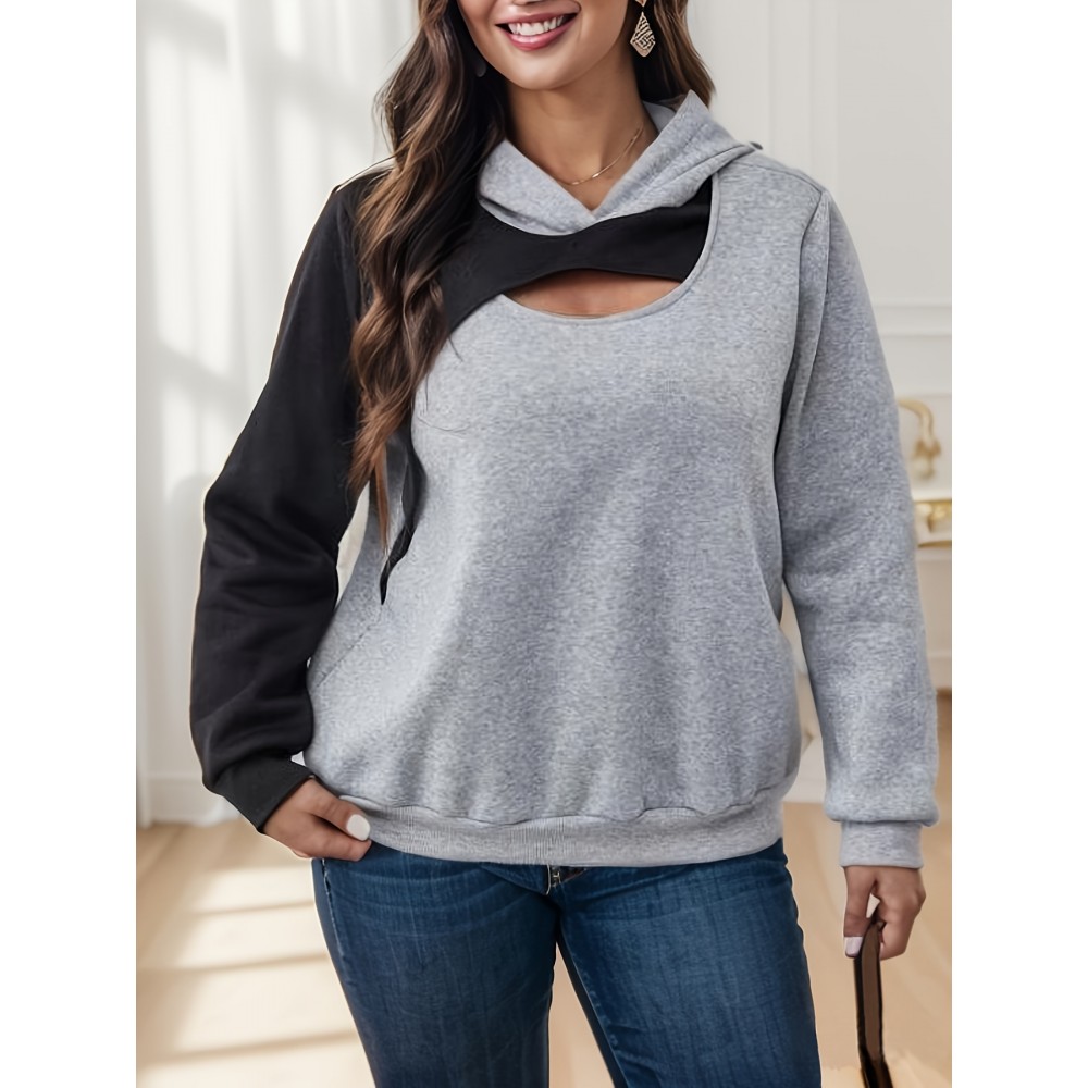 [Cozy Plus Size Hoodie] Cozy Plus Size Women's Hoodie | Long Sleeve Pullover with Cut-Out Detail, Gray & Black Color Block, Casual Style, Slight Stretch Fabric, Perfect for Fall and Winter, Autumn Clothing