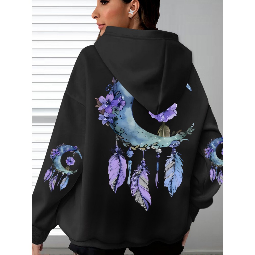 [Floral Moon Hoodie] Soft & Comfortable Plus Size Women's Floral Moon & Hoodie | Casual Long Sleeve Pullover with Pockets, Oversized Daily Wear, Purple & Blue Design