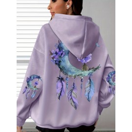 [Floral Moon Hoodie] Soft & Comfortable Plus Size Women's Floral Moon & Hoodie | Casual Long Sleeve Pullover with Pockets, Oversized Daily Wear, Purple & Blue Design