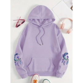 [Floral Moon Hoodie] Soft & Comfortable Plus Size Women's Floral Moon & Hoodie | Casual Long Sleeve Pullover with Pockets, Oversized Daily Wear, Purple & Blue Design