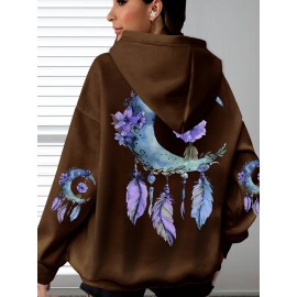 [Floral Moon Hoodie] Soft & Comfortable Plus Size Women's Floral Moon & Hoodie | Casual Long Sleeve Pullover with Pockets, Oversized Daily Wear, Purple & Blue Design
