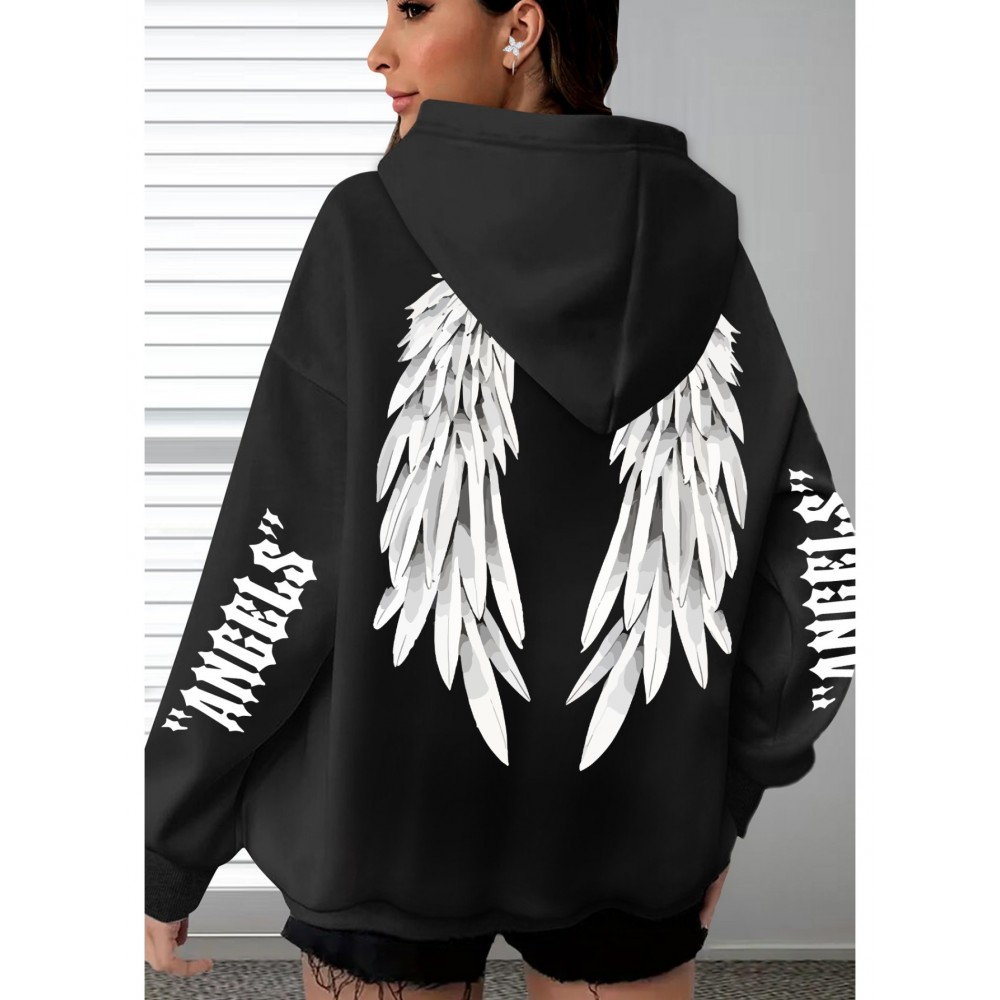 [Plus Size Angel Wings Hoodie] Soft & Comfortable Plus Size Angel Wings Print Hoodie | Long Sleeve Pullover with Pockets, Casual Style for Women, All Season Wear
