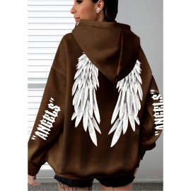 [Plus Size Angel Wings Hoodie] Soft & Comfortable Plus Size Angel Wings Print Hoodie | Long Sleeve Pullover with Pockets, Casual Style for Women, All Season Wear