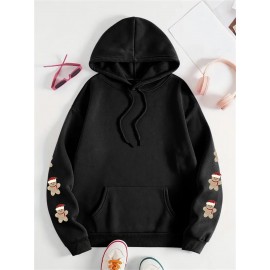 Plus Size, Women's Oversized Christmas Gingerbread Cookie Print Hooded Sweatshirt - Soft Long Sleeve Pullover with Pocket, Merry Christmas Lettering & Plaid Snowflake Design, Cozy Casual Holiday Sweater for Casual Attire (Machine Washable)