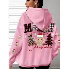 Plus Size, Women's Oversized Christmas Gingerbread Cookie Print Hooded Sweatshirt - Soft Long Sleeve Pullover with Pocket, Merry Christmas Lettering & Plaid Snowflake Design, Cozy Casual Holiday Sweater for Casual Attire (Machine Washable)