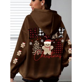 Plus Size, Women's Oversized Christmas Gingerbread Cookie Print Hooded Sweatshirt - Soft Long Sleeve Pullover with Pocket, Merry Christmas Lettering & Plaid Snowflake Design, Cozy Casual Holiday Sweater for Casual Attire (Machine Washable)