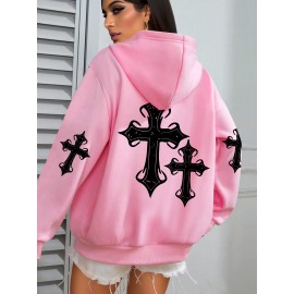 [Faithinspired Plus Size Hoodie] Faithinspired Plus Size Women's Elegant Casual Hooded Sweatshirt - Black Cross Print Long Sleeve Pullover, Cozy Fall & Winter Machine Washable Hoodie, Soft Fabric, Stylish, Durable Construction