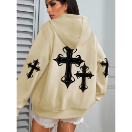 [Faithinspired Plus Size Hoodie] Faithinspired Plus Size Women's Elegant Casual Hooded Sweatshirt - Black Cross Print Long Sleeve Pullover, Cozy Fall & Winter Machine Washable Hoodie, Soft Fabric, Stylish, Durable Construction