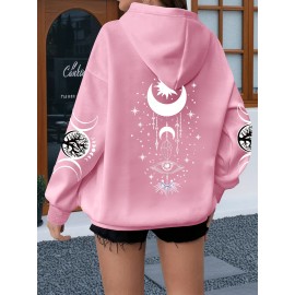 Oversized Women's Hoodie with Moon and Stars Graphic Print, 100% Polyester Long Sleeve Pullover with Kangaroo Pocket, Casual Loose Fit for All Seasons