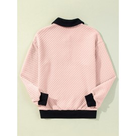 Plus Size - Plus Size Women'S Textured Button-Up Long Sleeve Sweatshirt - Relaxed Fit, Contrast Trim, Medium Stretch, All-Season Casual Pullover with Wide Collar, Machine Washable, Cute Sweatshirts, Versatile Clothing, Chic Style, Mediumstretch Fabric, Durable Clothing