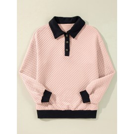 Plus Size - Plus Size Women'S Textured Button-Up Long Sleeve Sweatshirt - Relaxed Fit, Contrast Trim, Medium Stretch, All-Season Casual Pullover with Wide Collar, Machine Washable, Cute Sweatshirts, Versatile Clothing, Chic Style, Mediumstretch Fabric, Durable Clothing