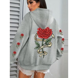 Plus Size Floral Rose Print Hoodie - Cozy, Stylish, 100% Polyester Knit Fabric, Slight Stretch for Fall/Winter