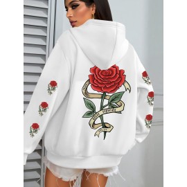 Plus Size Floral Rose Print Hoodie - Cozy, Stylish, 100% Polyester Knit Fabric, Slight Stretch for Fall/Winter