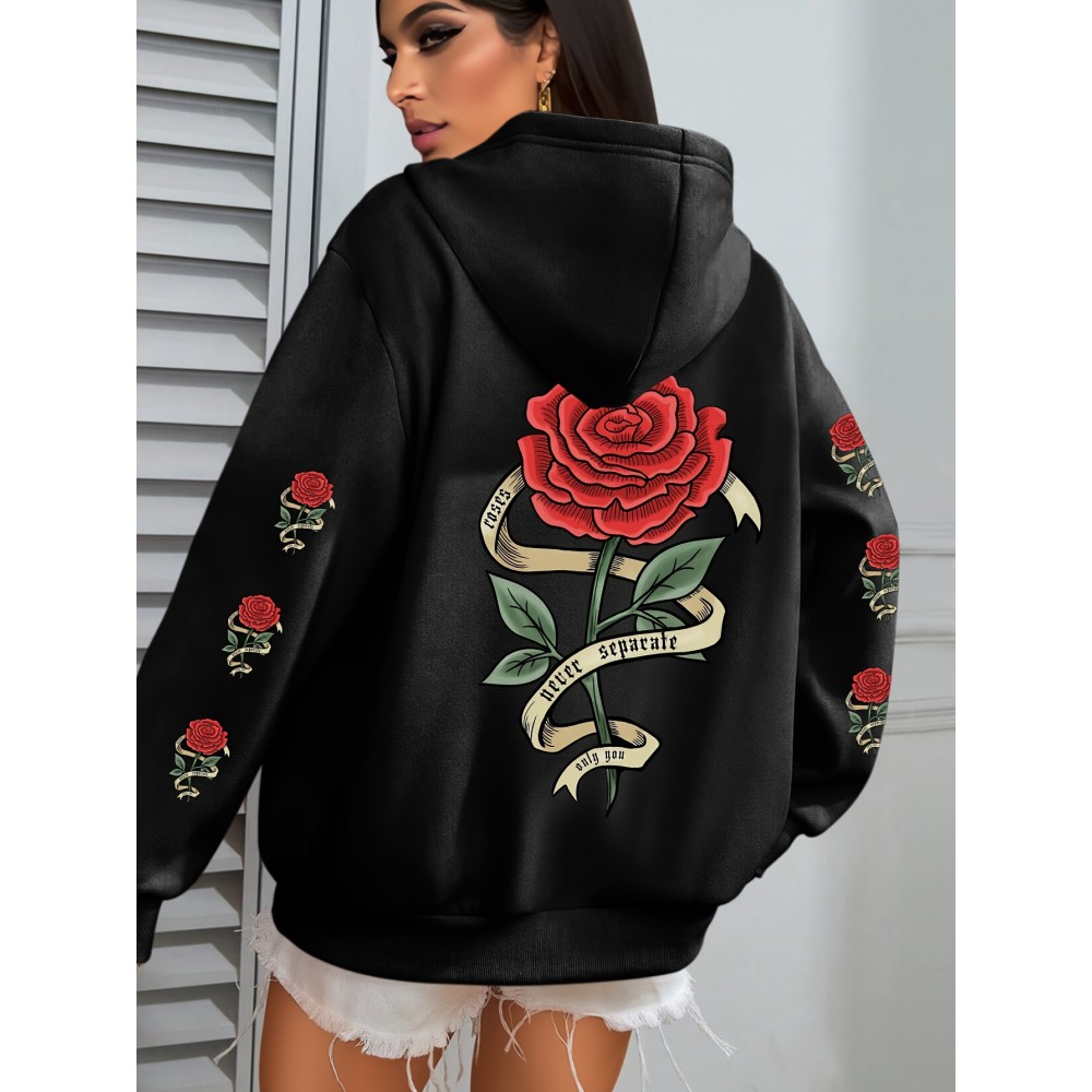 Plus Size Floral Rose Print Hoodie - Cozy, Stylish, 100% Polyester Knit Fabric, Slight Stretch for Fall/Winter