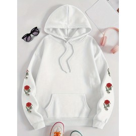 Plus Size Floral Rose Print Hoodie - Cozy, Stylish, 100% Polyester Knit Fabric, Slight Stretch for Fall/Winter