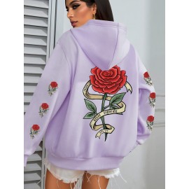 Plus Size Floral Rose Print Hoodie - Cozy, Stylish, 100% Polyester Knit Fabric, Slight Stretch for Fall/Winter