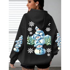 [Cozy Snowman Hoodie] Cozy Oversized Women's Mint Green Snowman & Snowflake Print Hoodie | Soft Casual Long Sleeve Pullover with Pockets, Machine Washable, Winter Accessories, Comfortable Clothing, Playful Graphic Design, Durable Fabric