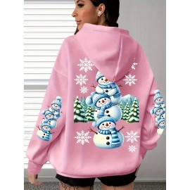 [Cozy Snowman Hoodie] Cozy Oversized Women's Mint Green Snowman & Snowflake Print Hoodie | Soft Casual Long Sleeve Pullover with Pockets, Machine Washable, Winter Accessories, Comfortable Clothing, Playful Graphic Design, Durable Fabric