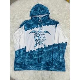 Women's Plus-Size Casual Hooded Sweatshirt - Sea Turtle Graphic Print Long Sleeve Pullover with Kangaroo Pocket, Blue & White Oceanic Design, Relaxed Fit for Spring/Fall, Sea Turtle Decor, Fall Hoodie, Durable Construction