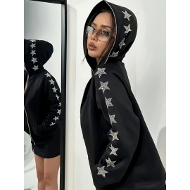 Plus Size - Women'S Plus Size Black Hooded Zip-Up Jacket with Sparkling Star Embellishments - Elegant Winter Outerwear, Long Sleeve, Front Pockets, Casual Style, Winter Jacket | Sparkling Embellishments | Zippered Hoodie