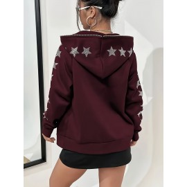 Plus Size - Women'S Plus Size Black Hooded Zip-Up Jacket with Sparkling Star Embellishments - Elegant Winter Outerwear, Long Sleeve, Front Pockets, Casual Style, Winter Jacket | Sparkling Embellishments | Zippered Hoodie