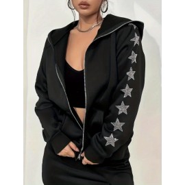 Plus Size - Women'S Plus Size Black Hooded Zip-Up Jacket with Sparkling Star Embellishments - Elegant Winter Outerwear, Long Sleeve, Front Pockets, Casual Style, Winter Jacket | Sparkling Embellishments | Zippered Hoodie