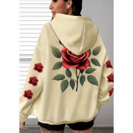 [Floral Print Hoodie] Women's Plus Size Floral Print Hoodie - Cozy Long Sleeve Pullover with Pockets, Soft Casual Wear, Brown with Red Roses and Green Leaves Design, Allseason Hoodie | Stylish Casualwear | Comfortable Fabri