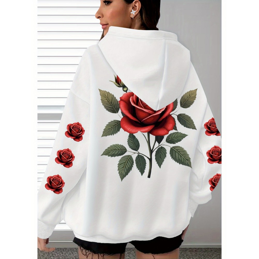 [Floral Print Hoodie] Women's Plus Size Floral Print Hoodie - Cozy Long Sleeve Pullover with Pockets, Soft Casual Wear, Brown with Red Roses and Green Leaves Design, Allseason Hoodie | Stylish Casualwear | Comfortable Fabri