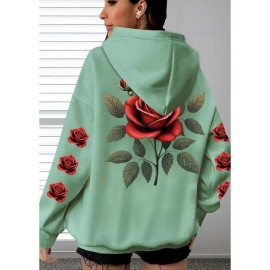 [Floral Print Hoodie] Women's Plus Size Floral Print Hoodie - Cozy Long Sleeve Pullover with Pockets, Soft Casual Wear, Brown with Red Roses and Green Leaves Design, Allseason Hoodie | Stylish Casualwear | Comfortable Fabri