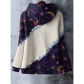 Plus Size Bohemian Christmas Tree Sun Moon Print Hoodie with Kangaroo Pocket, Casual Long Sleeve Pullover with Drawstring Hood, Polyester and Elastane, Medium Stretch Knit Fabric for All Seasons