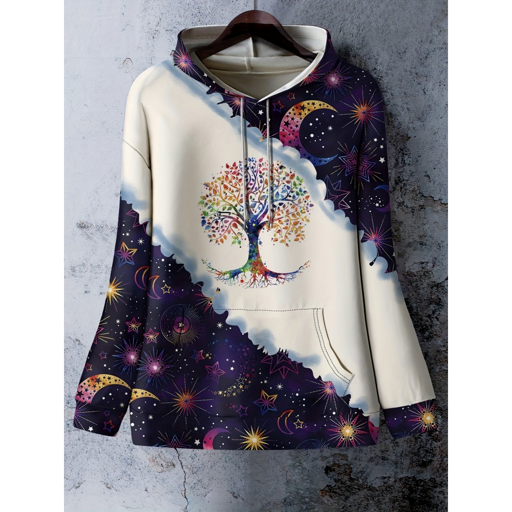 Plus Size Bohemian Christmas Tree Sun Moon Print Hoodie with Kangaroo Pocket, Casual Long Sleeve Pullover with Drawstring Hood, Polyester and Elastane, Medium Stretch Knit Fabric for All Seasons