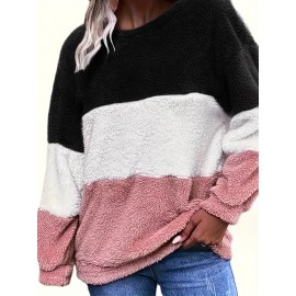 [Plus Size Fleece Hoodie] Cozy Plus Size Women's Plush Fleece Hoodie | Color Block Striped Loose Fit Pullover, Round Neck & Machine Washable | Casual Fall Winter Fashion Top, Comfortable Clothing, Nontransparent Material