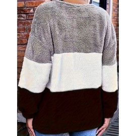 [Plus Size Fleece Hoodie] Cozy Plus Size Women's Plush Fleece Hoodie | Color Block Striped Loose Fit Pullover, Round Neck & Machine Washable | Casual Fall Winter Fashion Top, Comfortable Clothing, Nontransparent Material