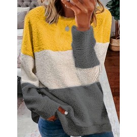 [Plus Size Fleece Hoodie] Cozy Plus Size Women's Plush Fleece Hoodie | Color Block Striped Loose Fit Pullover, Round Neck & Machine Washable | Casual Fall Winter Fashion Top, Comfortable Clothing, Nontransparent Material