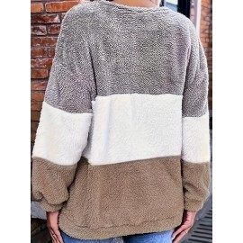 [Plus Size Fleece Hoodie] Cozy Plus Size Women's Plush Fleece Hoodie | Color Block Striped Loose Fit Pullover, Round Neck & Machine Washable | Casual Fall Winter Fashion Top, Comfortable Clothing, Nontransparent Material