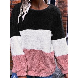 [Plus Size Fleece Hoodie] Cozy Plus Size Women's Plush Fleece Hoodie | Color Block Striped Loose Fit Pullover, Round Neck & Machine Washable | Casual Fall Winter Fashion Top, Comfortable Clothing, Nontransparent Material