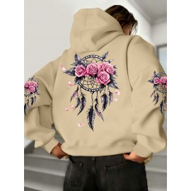 [Pink Oversized Hoodie] Soft Women's Oversized Hoodie | Floral Turtle Graphic Print Long Sleeve Pocket Sweatshirt, Pink All-Season Comfort Fit, Everyday Comfort Wear, Quality Casualwear