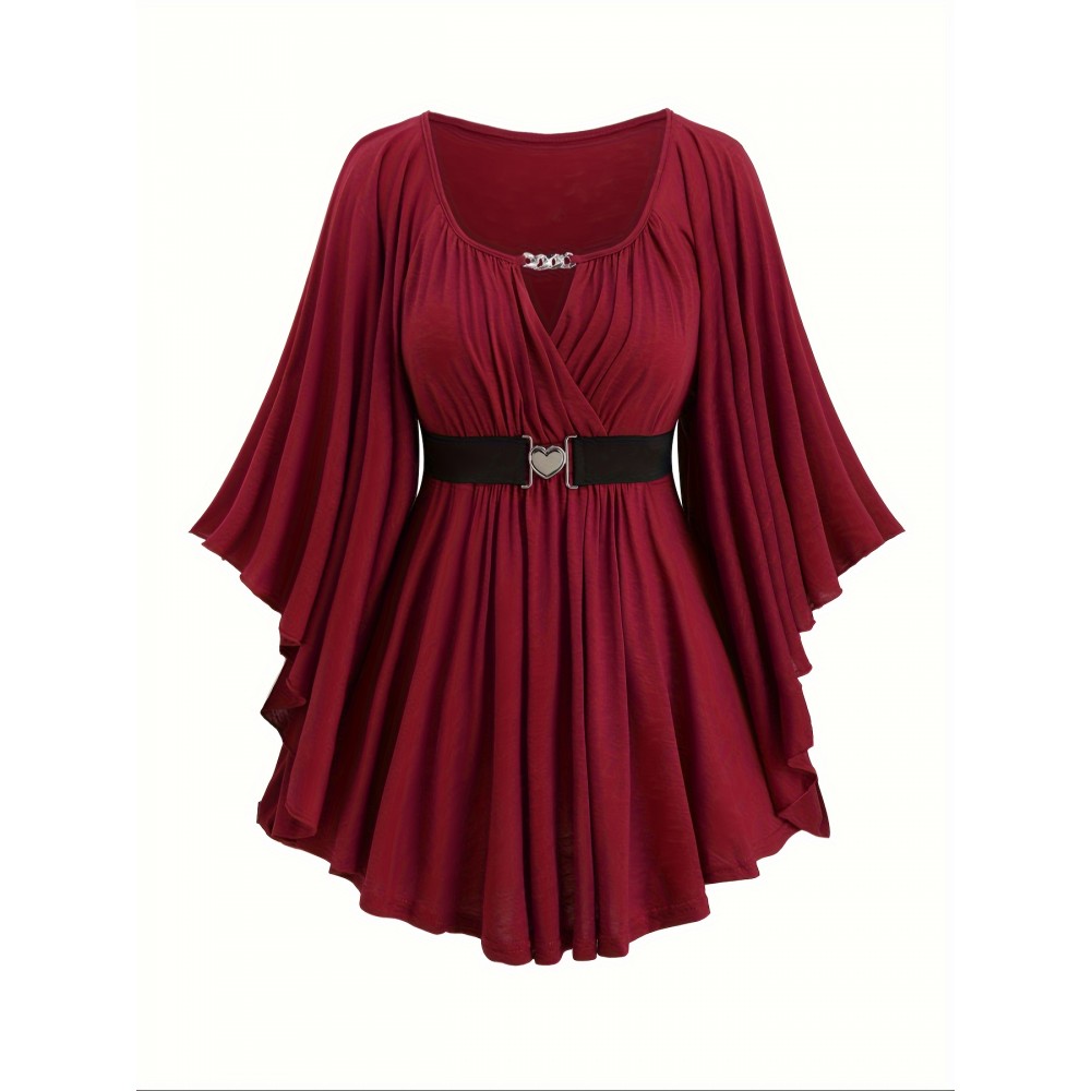 Plus Size Solid Keyhole Neck Belted Top, Ruched Flare Sleeve Chain Decor Elegant Top For Spring & Fall, Women's Plus Size Clothing