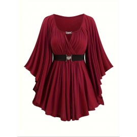 Plus Size Solid Keyhole Neck Belted Top, Ruched Flare Sleeve Chain Decor Elegant Top For Spring & Fall, Women's Plus Size Clothing