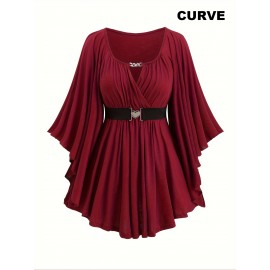 Plus Size Solid Keyhole Neck Belted Top, Ruched Flare Sleeve Chain Decor Elegant Top For Spring & Fall, Women's Plus Size Clothing