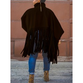 Plus Size, Plus Size Women's Batwing Sleeve Turtleneck Top with Fringe Hem - Loose Fit Casual Chic Long Sleeve Shirt, Solid Color Machine Washable Fall Winter Clothing for Women, Elegant Overlay, Highneck Shirt, Easycare Fabric, Spring Outfit, Durable Shirt, Curvy Fashion