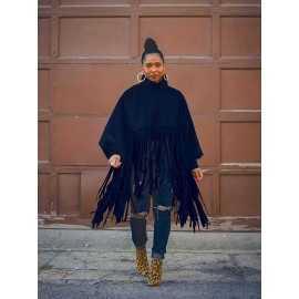 Plus Size, Plus Size Women's Batwing Sleeve Turtleneck Top with Fringe Hem - Loose Fit Casual Chic Long Sleeve Shirt, Solid Color Machine Washable Fall Winter Clothing for Women, Elegant Overlay, Highneck Shirt, Easycare Fabric, Spring Outfit, Durable Shirt, Curvy Fashion