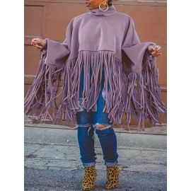 Plus Size, Plus Size Women's Batwing Sleeve Turtleneck Top with Fringe Hem - Loose Fit Casual Chic Long Sleeve Shirt, Solid Color Machine Washable Fall Winter Clothing for Women, Elegant Overlay, Highneck Shirt, Easycare Fabric, Spring Outfit, Durable Shirt, Curvy Fashion