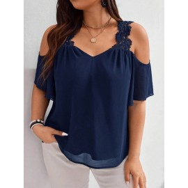 Plus Size - Plus Size Women'S Elegant Off-Shoulder Lace Blouse - Summer Collection, Chiffon, Round Neck, Short Sleeves, Solid Color, Medium Stretch, Stylish and Comfortable for Casual or Formal Occasions, Casual Chic Blouse | Elegant Offshoulder | Chiffon Fabric