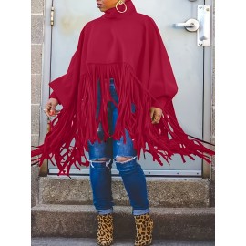[Plus Size Tassel Top] Plus Size Women's Tassel Top - Vibrant Red Retro Chic Oversized High Neck Long Sleeve Blouse | Batwing Sleeves, Flowy Fabric, Stretchy Machine-Washable | Party & Banquet, Festive Outfit, Fall/Winter Fashion, Casual & Formal Events