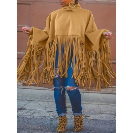 [Plus Size Tassel Top] Plus Size Women's Tassel Top - Vibrant Red Retro Chic Oversized High Neck Long Sleeve Blouse | Batwing Sleeves, Flowy Fabric, Stretchy Machine-Washable | Party & Banquet, Festive Outfit, Fall/Winter Fashion, Casual & Formal Events