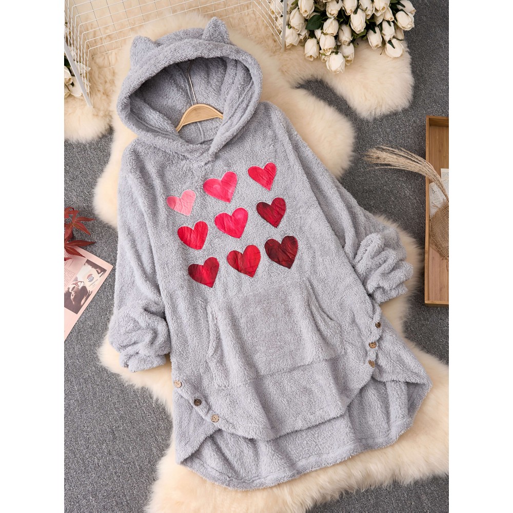 Plus Size, Women's Plus Size Oversized Valentine's Day Heart Print Hooded Sweatshirt - Grey with Pink & Red Hearts, Cozy Casual Pullover with Pockets, Machine Washable Winter Fall Hooded Sweatshirt for Valentine's Outfits