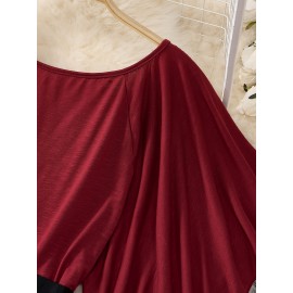 Plus Size - Elegant Plus Size V-Neck Long Sleeve Top with Heart Waist Belt - Stretchy Solid Color, Asymmetrical Hem, All-Season Fashion, Versatile for Casual or Formal Wear, Versatile Fashion | Asymmetrical Hemline | Comfortable Fit